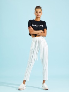 Vertical Stripe Belted Peg Leg Pants