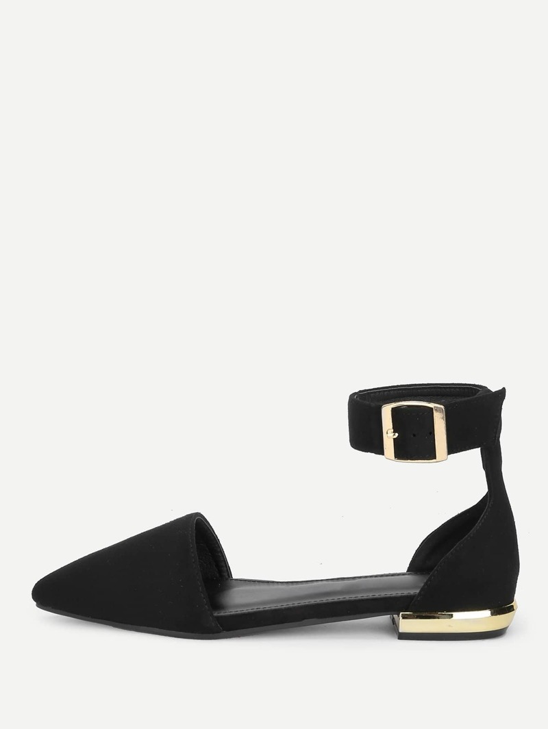 

Pointed Toe Ankle Strap Suede Flats, Black