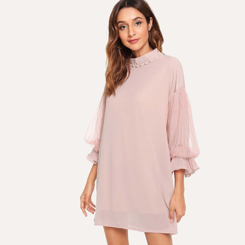 

Pearl Beaded Sheer Mesh Panel Sleeve Dress, Pink