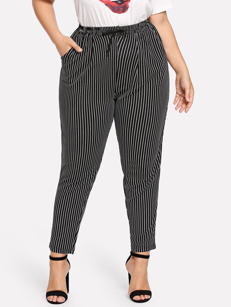 

Plus Striped Drawstring Pocket Pants, Black, Franziska