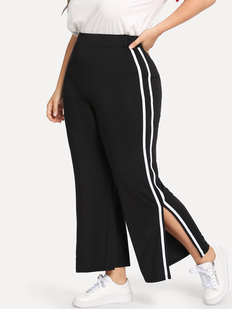 

Plus Striped Side Split Pants, Black, Franziska