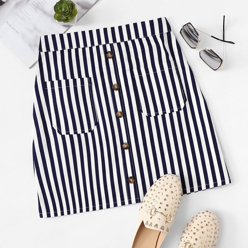 

Button Front Striped Skirt, Navy