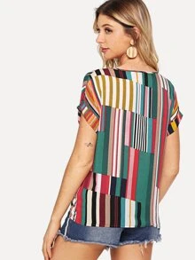 SHEIN Mix Striped Rolled Up Sleeve Top - Multicolor - View 2