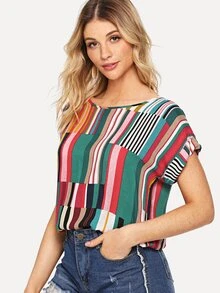 SHEIN Mix Striped Rolled Up Sleeve Top - Multicolor - View 3