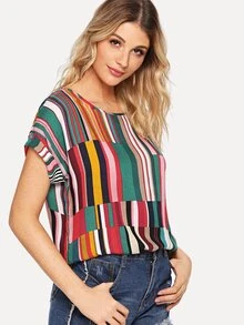 SHEIN Mix Striped Rolled Up Sleeve Top - Multicolor - View 4