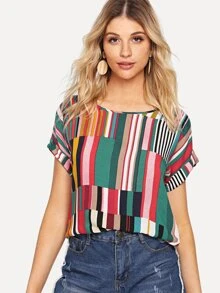 SHEIN Mix Striped Rolled Up Sleeve Top - Multicolor - View 1