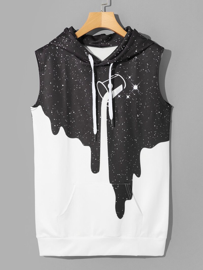 

Men Galaxy Print Sleeveless Hooded Sweatshirt, Black and white