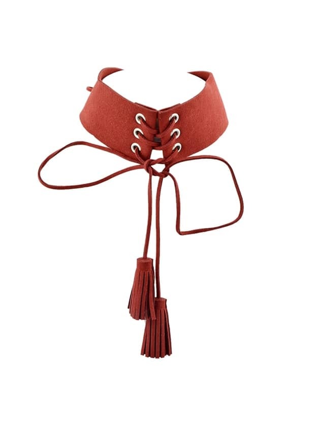 

Red Wide Choker Collar Necklace With Long Tassel