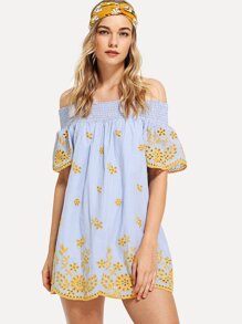Scalloped Hem Embroidery Striped Bardot Top