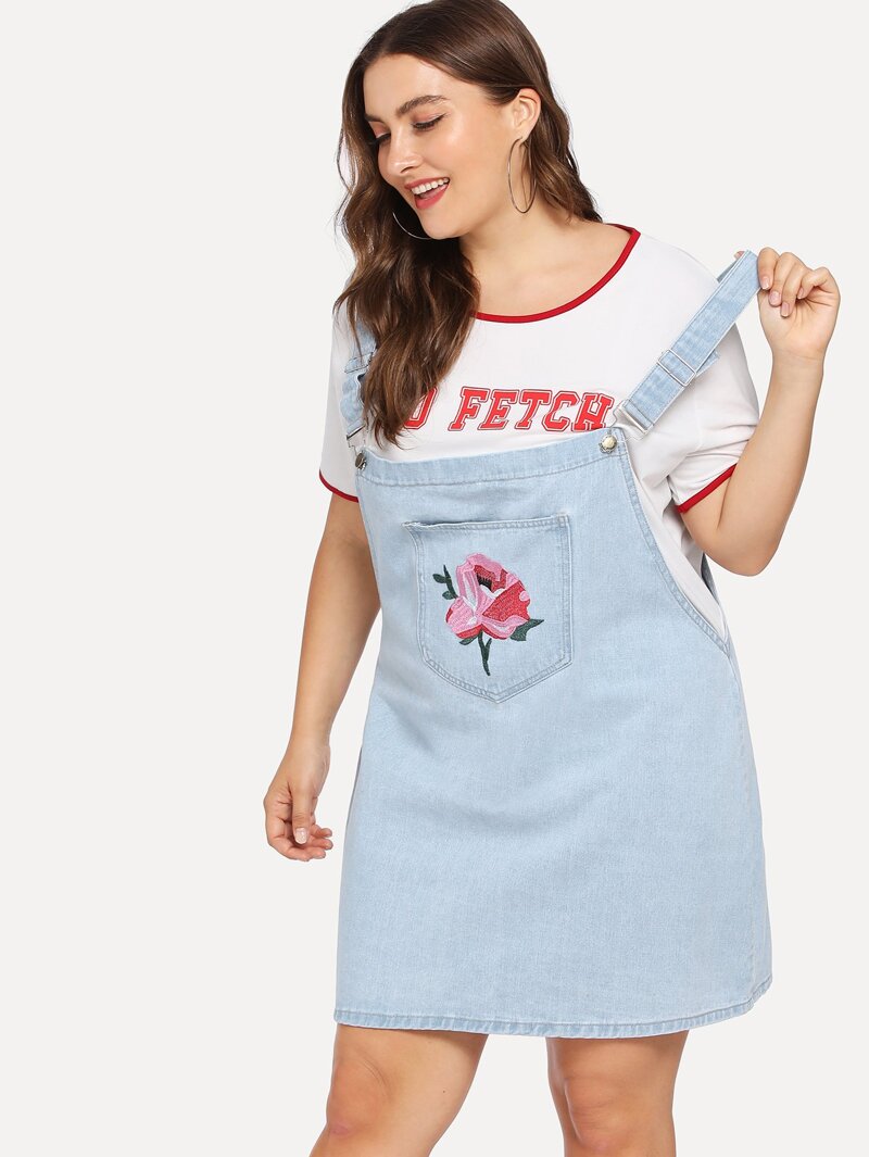 

Plus Flower Embroidered Pocket Front Denim Overalls, Blue, Franziska