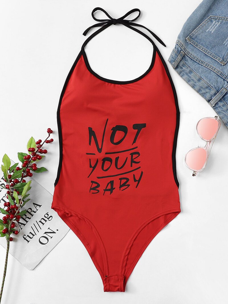 

Open Back Letter Print Halter Bodysuit, Red