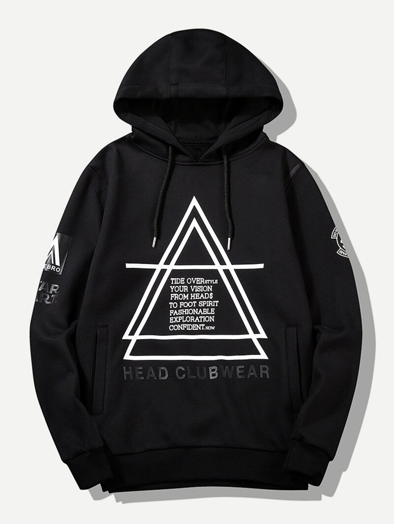 

Men Letter And Geo Print Hooded Sweatshirt, Black