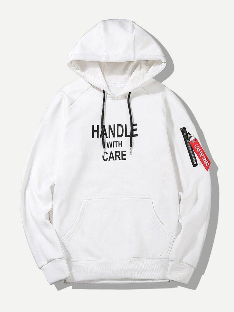 

Men Zip Decoration Letter Print Hooded Sweatshirt, White