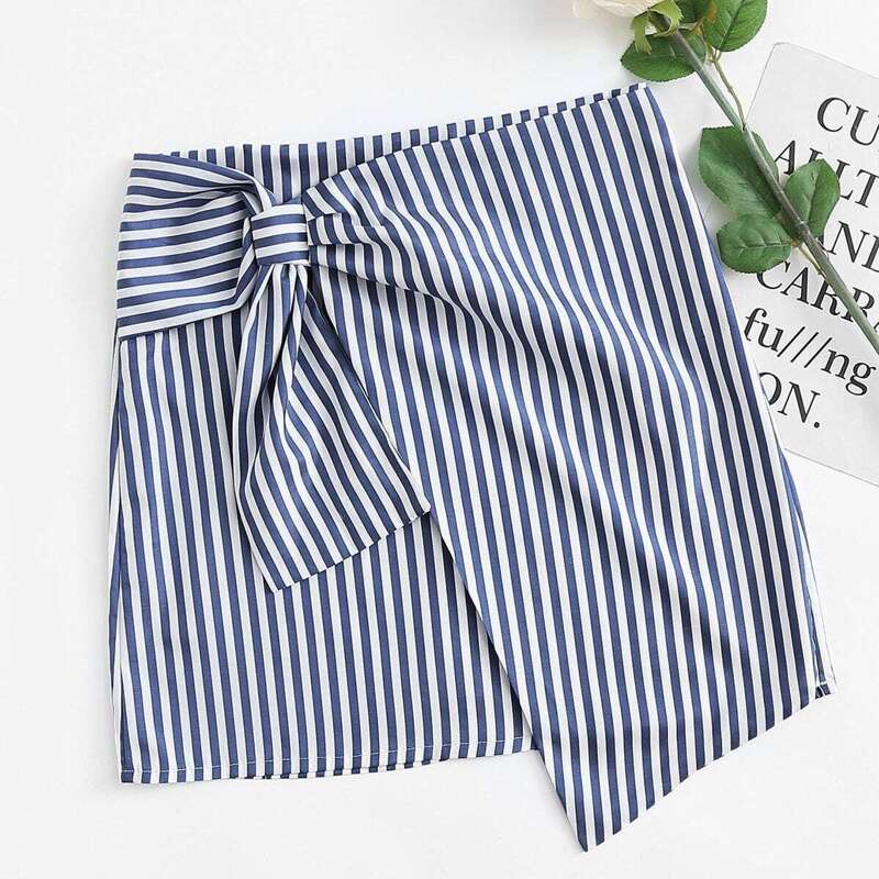 

Asymmetrical Hem Striped Skirt, Blue