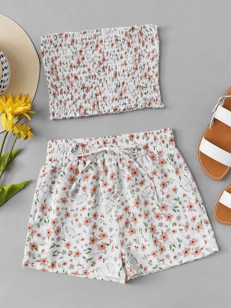 

Frill Trim Floral Tube Top With Shorts, Multicolor