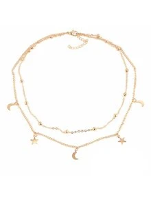 Moon & Star Decorated Layered Choker - Yellow Gold - View 1