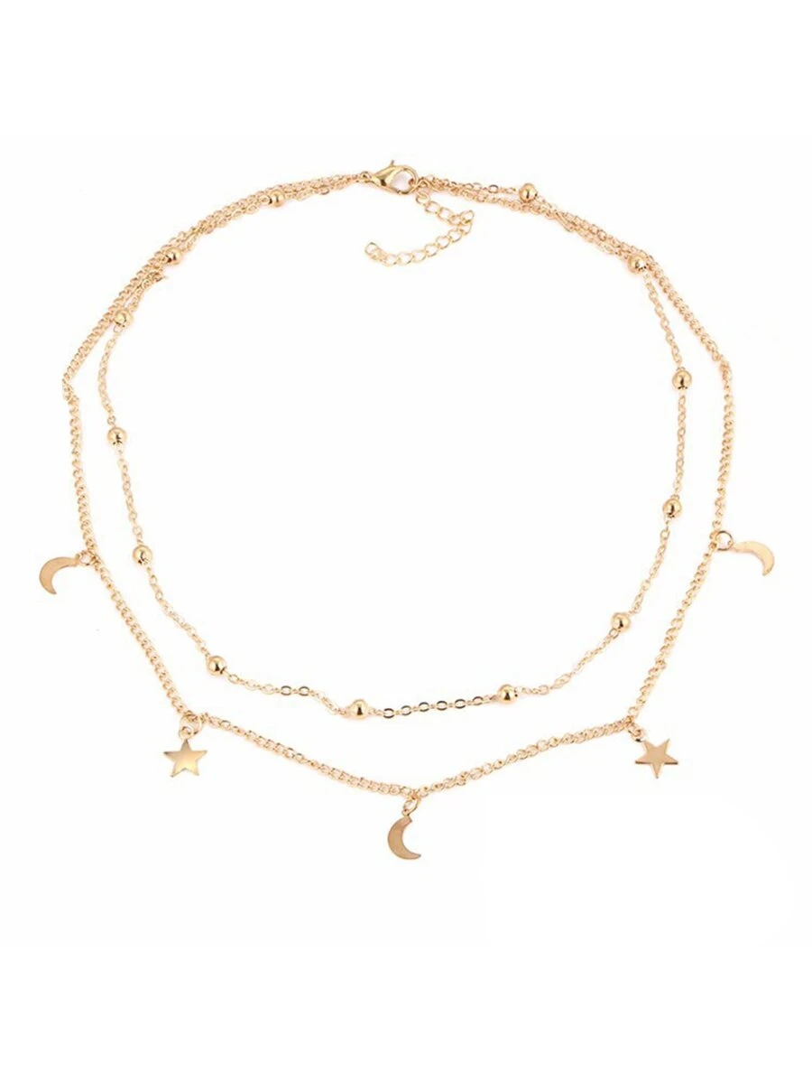 Moon & Star Decorated Layered Choker - Yellow Gold - View 1