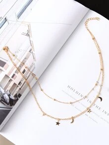 Moon & Star Decorated Layered Choker - Yellow Gold - View 2