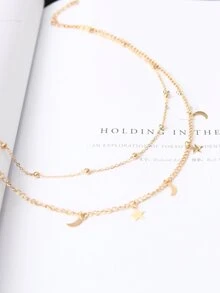 Moon & Star Decorated Layered Choker - Yellow Gold - View 3