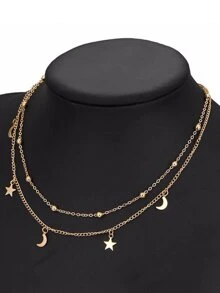 Moon & Star Decorated Layered Choker - Yellow Gold - View 4