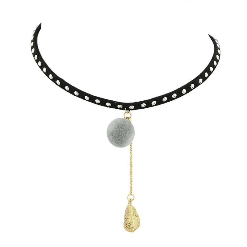 

Gray Hanging Leaf Spike Thin Chokers, Black