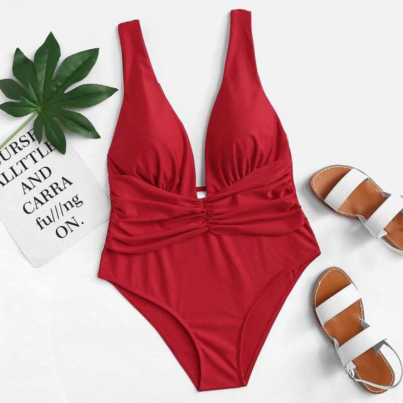 

Deep Plunge Ruched One Piece Swimsuit, Red