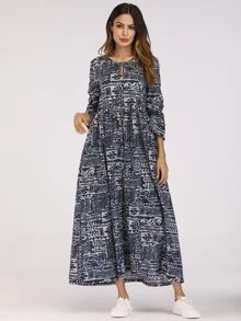 Al Najma Mixed Print Keyhole Front Smock Dress Fall Cloth For Women