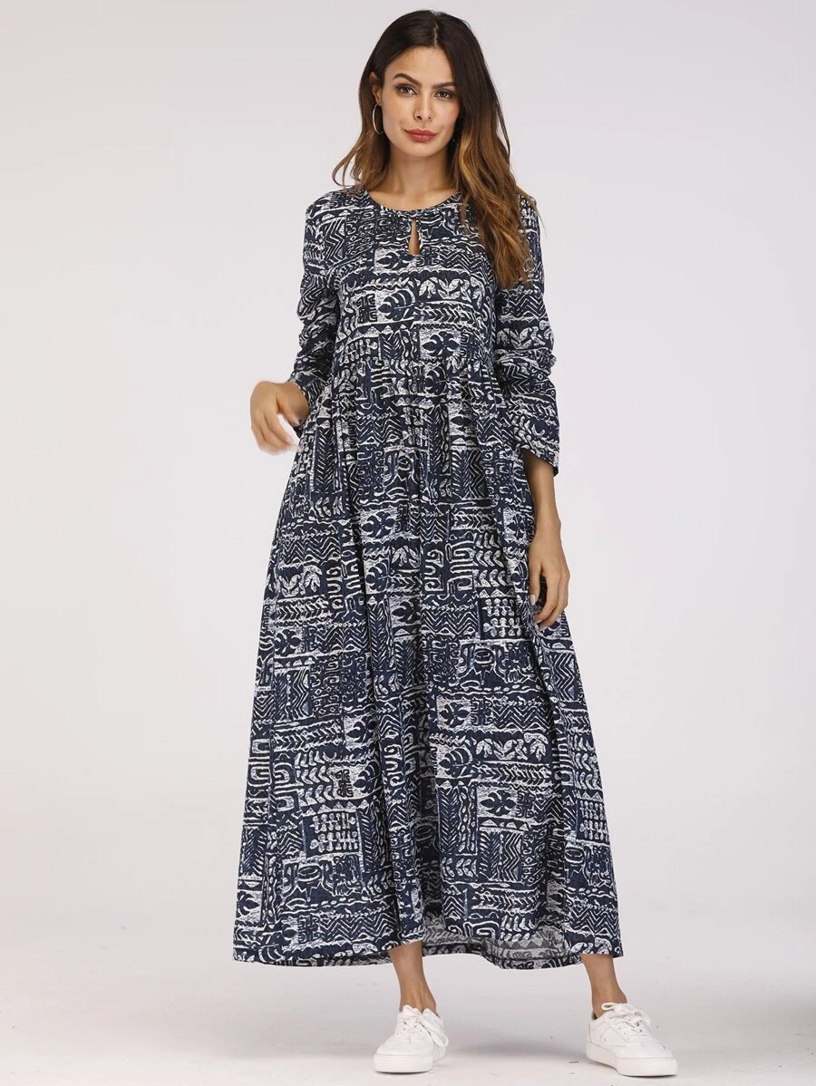 Al Najma Mixed Print Keyhole Front Smock Dress Fall Cloth For Women