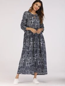 Al Najma Mixed Print Keyhole Front Smock Dress Fall Cloth For Women