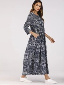 Al Najma Mixed Print Keyhole Front Smock Dress Fall Cloth For Women
