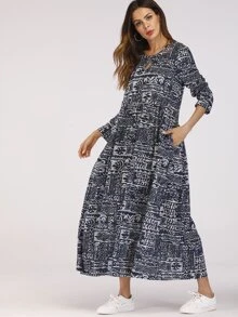 Al Najma Mixed Print Keyhole Front Smock Dress Fall Cloth For Women
