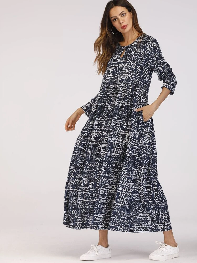 Mixed Print Keyhole Front Smock Dress Fall Cloth For Women