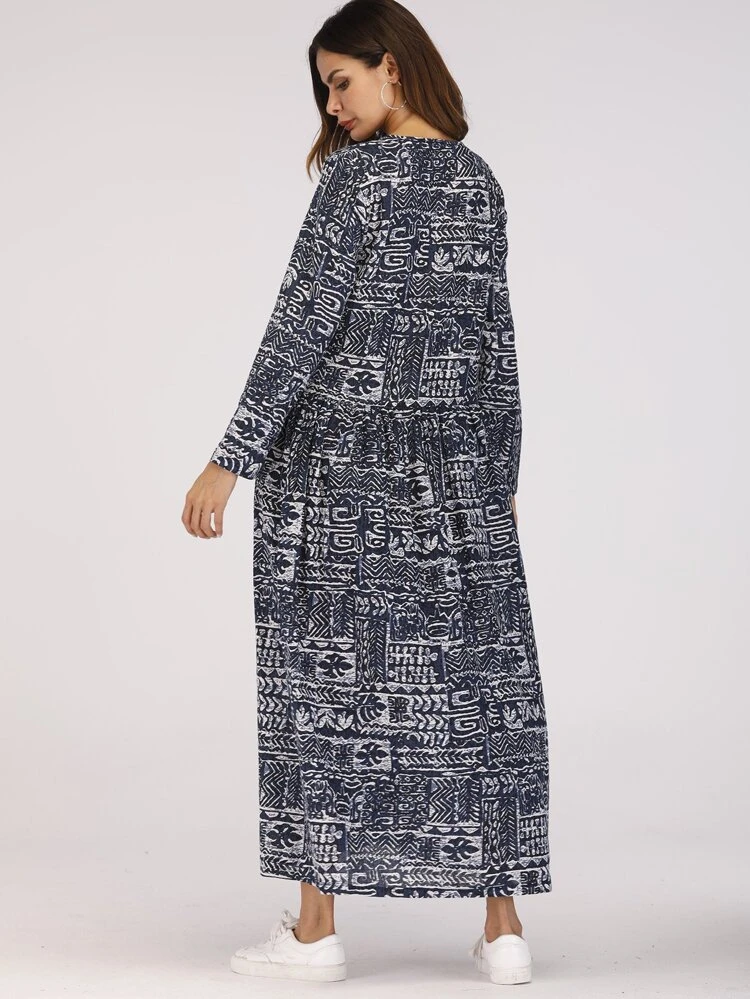 Mixed Print Keyhole Front Smock Dress Fall Cloth For Women