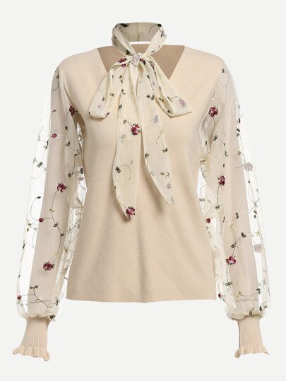Embroidery Mesh Applique Tied Neck Jumper pictures