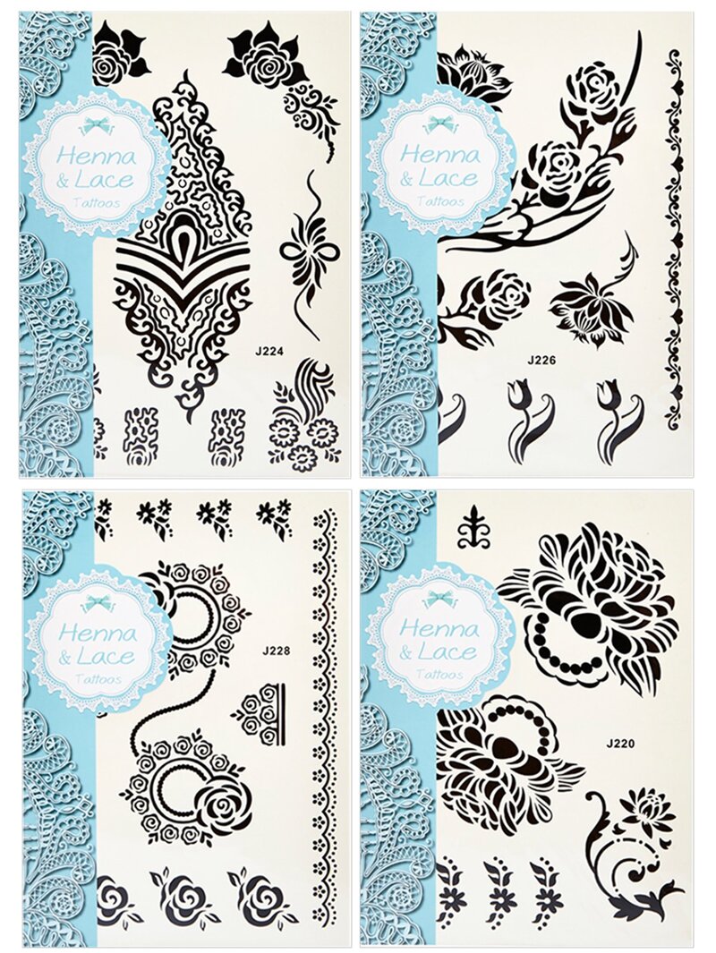 

Flower Pattern Tattoo Sticker Set 4pcs, Black
