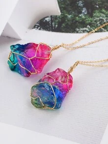 Stone Pendant Necklace Random Size & Color - Multicolor - View 5