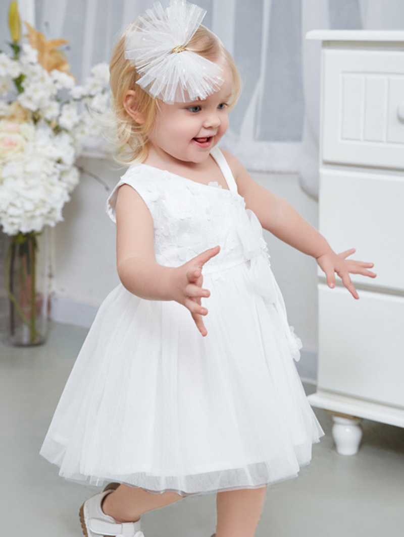 

Girls Stereo Flowers Pearl Beaded Dress, White