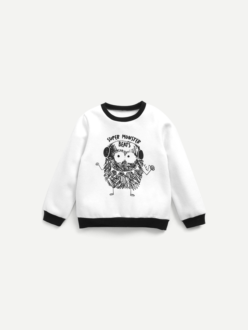 

Boys Contrast Trim Cartoon Print Sweatshirt, Black and white