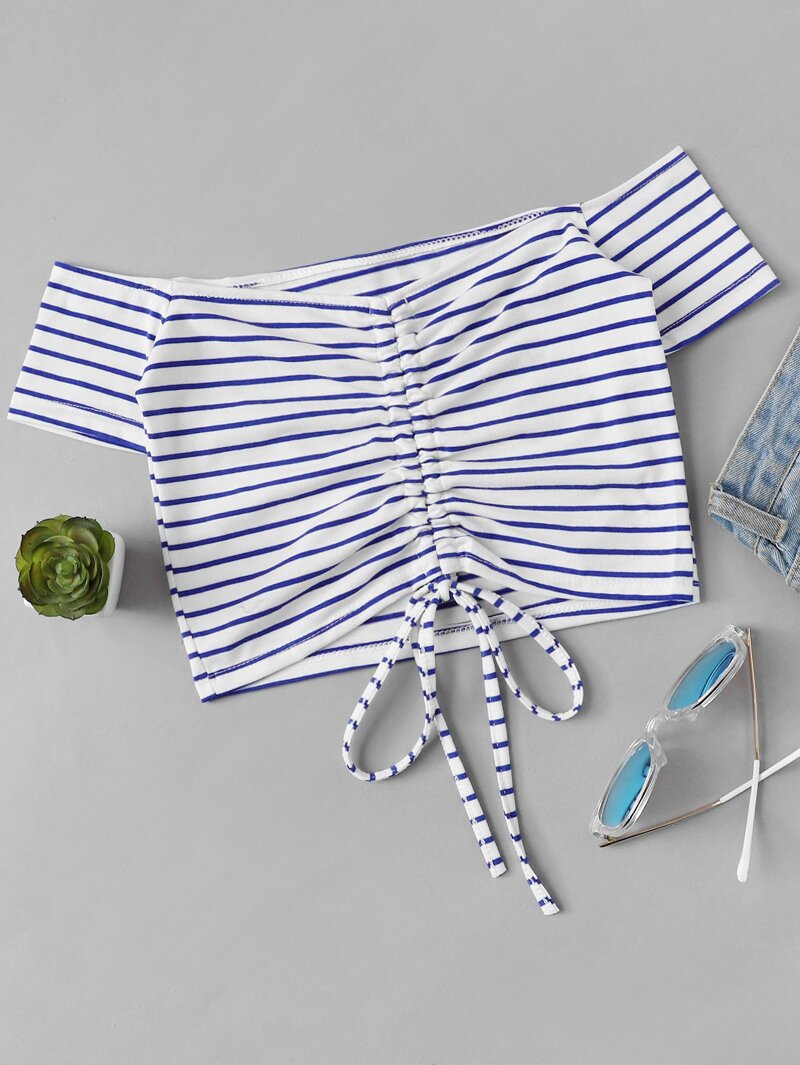 

Off Shoulder Drawstring Crop Tee, Blue