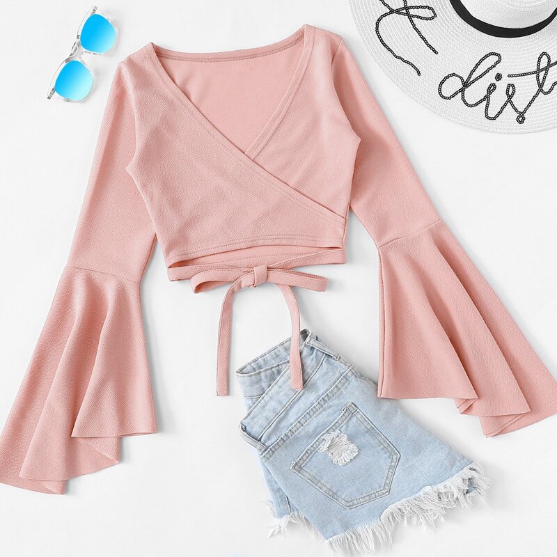 

Flounce Sleeve Self Tie Wrap Top, Pink