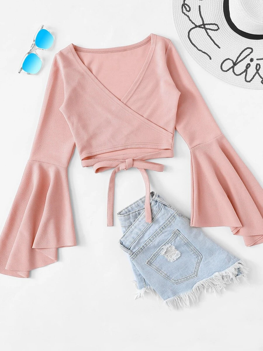 SHEIN Unity 粉色休閒打結簡約襯衫 - 淺粉色 - 查看 1
