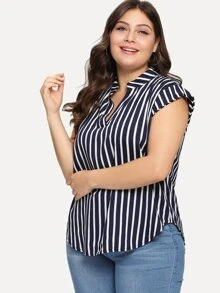 SHEIN Unity 海軍藍休閒不對稱條紋加大襯衫 - 藏蓝色 - 查看 3