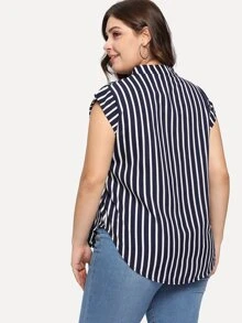 SHEIN Unity 海軍藍休閒不對稱條紋加大襯衫 - 藏蓝色 - 查看 2