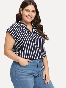 SHEIN Unity 海軍藍休閒不對稱條紋加大襯衫 - 藏蓝色 - 查看 4