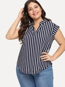 SHEIN Unity 海軍藍休閒不對稱條紋加大襯衫 - 藏蓝色 - 查看 1