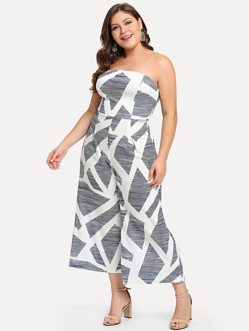 

Plus Striped Pleated Back Tube Jumpsuit, Black and white, Carol