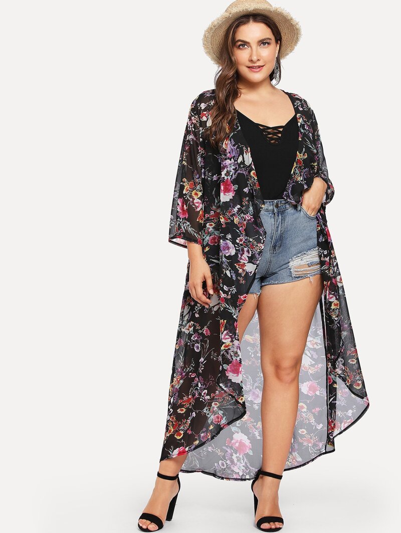 

Plus Floral Print Open Front Outerwear, Black