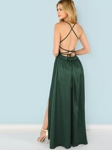 SHEIN Sequin Panel Split Maxi Cami Dress - Dark Green - View 2