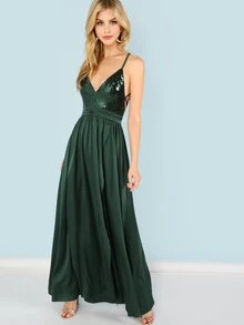SHEIN Sequin Panel Split Maxi Cami Dress - Dark Green - View 5