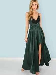 SHEIN Sequin Panel Split Maxi Cami Dress - Dark Green - View 1